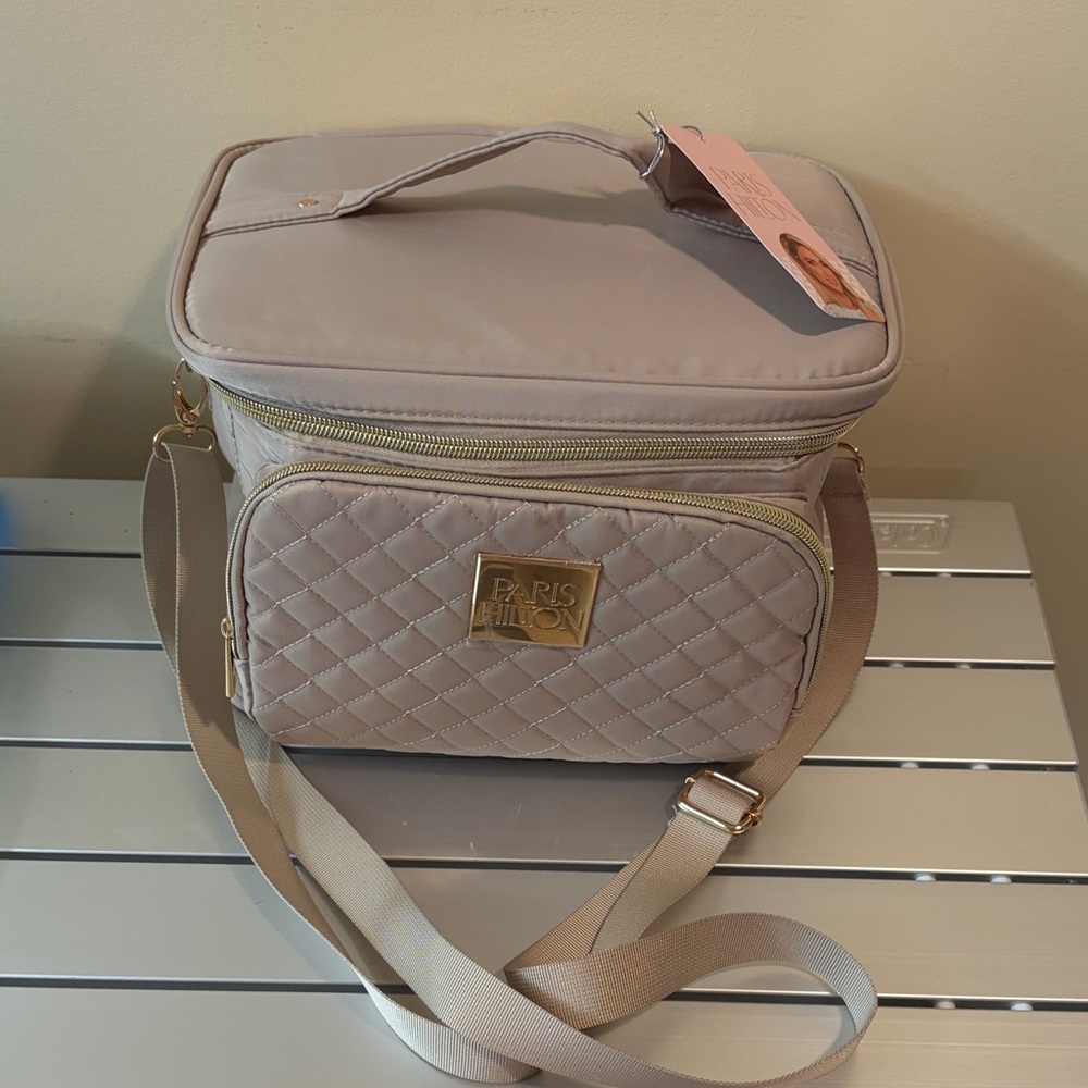 Paris Hilton Quilted Tan Train Cosmetic Bag